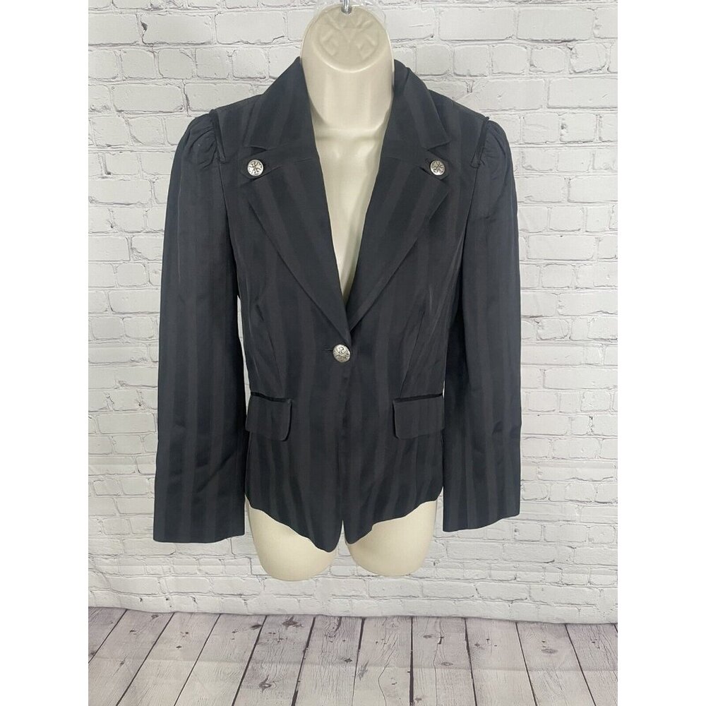 Bebe Black Monochrome Striped Fitted Cotton Silk Blend Blazer Buttons USA Size 2